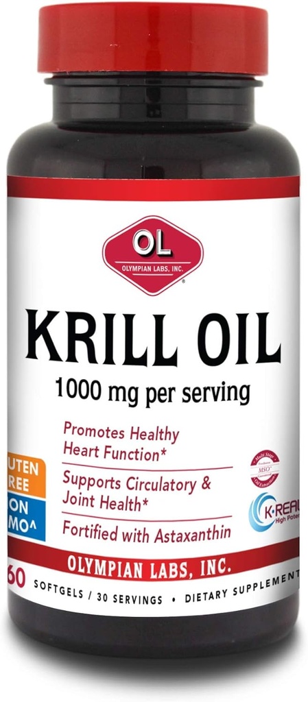 Olympian Labs Antarctic Krill Oil, 1000mg Caps with Astaxanthin, Omega-3, EPA, DHA, Immune, Joint & Brain support, 60 Softgels