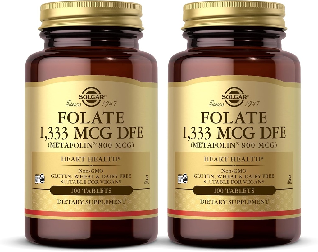 Solgar Folate 1, 333 mcg DFE (Μεταφολίνη 800 mcg) - 100 δισκία, συσκευασία 2 - Προγεννητική Βιταμίνη - Μη ΓΤΟ, Χωρίς γλουτένη, Χωρίς γαλακτοκομικά, Kosher - 200 Σύνολο Σερβιρίσματος