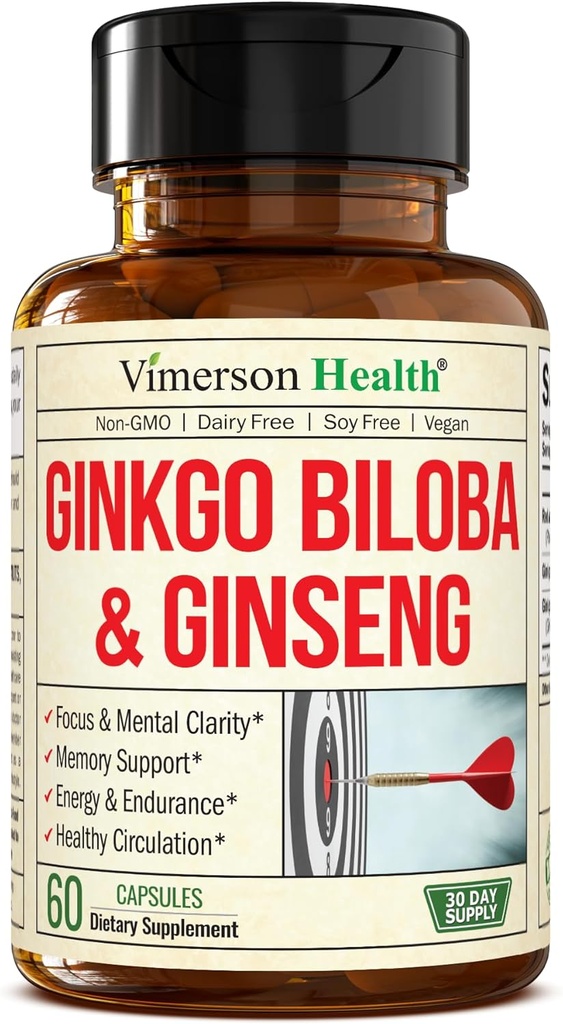 Συμπληρώματα Ασιατικού Ginseng και Ginkgo Biloba – Panax Ginseng Extract 700mg + Ginko Biloba 720mg – Nootropic Brain Supplement for Memory, Focus & Continued Energy – 60 Easy-to-Swallow Κάψουλες
