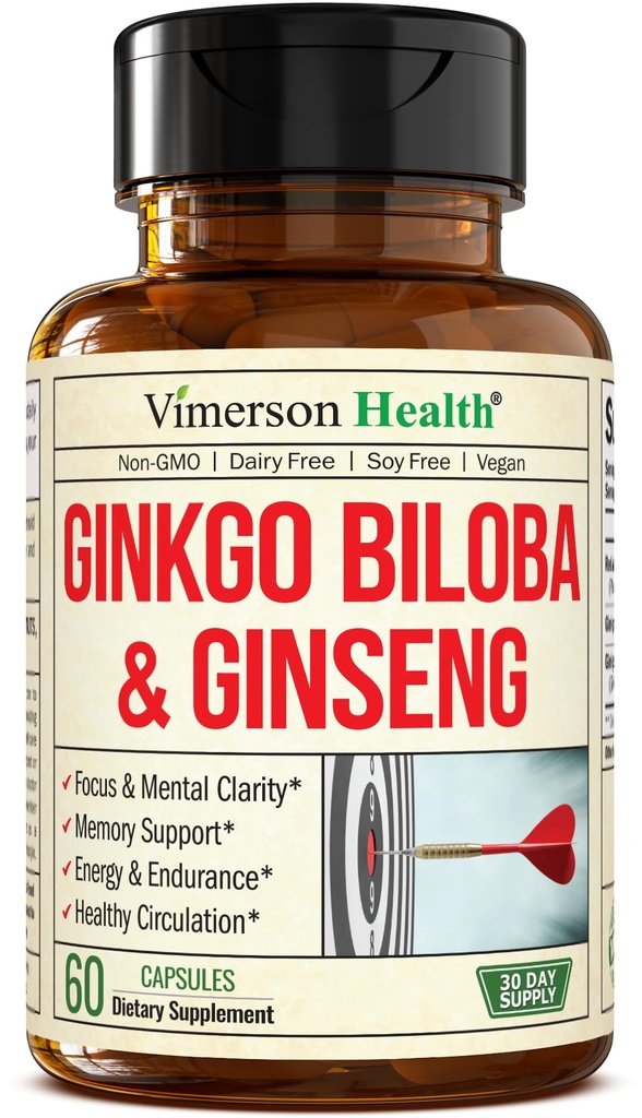 Συμπληρώματα Ασιατικού Ginseng και Ginkgo Biloba – Panax Ginseng Extract 700mg + Ginko Biloba 720mg – Nootropic Brain Supplement for Memory, Focus & Continued Energy – 60 Easy-to-Swallow Κάψουλες
