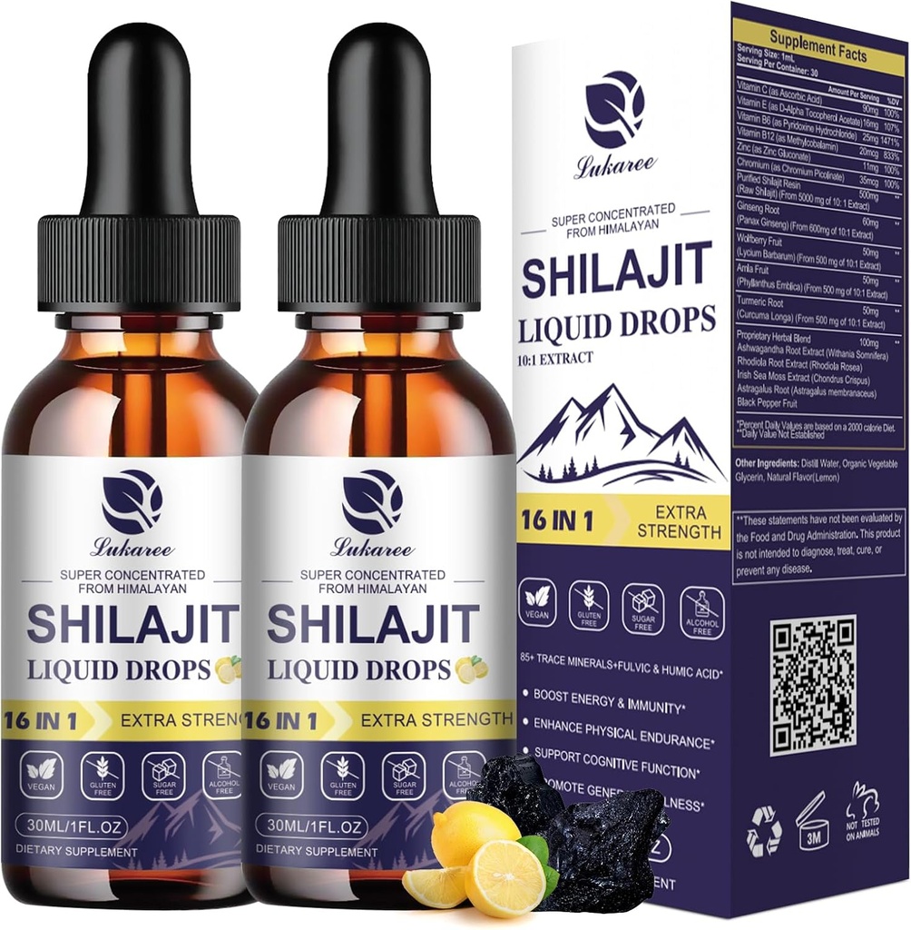 (2 Πακέτο) Shilajit για άνδρες & γυναίκες, 16-σε-1 Υγρές σταγόνες Shilajit, Trace Minerals, Ginseng, Turmeric, Ashwagandha, Immune Support, Energy Boost & Joint Health, 2 FL.