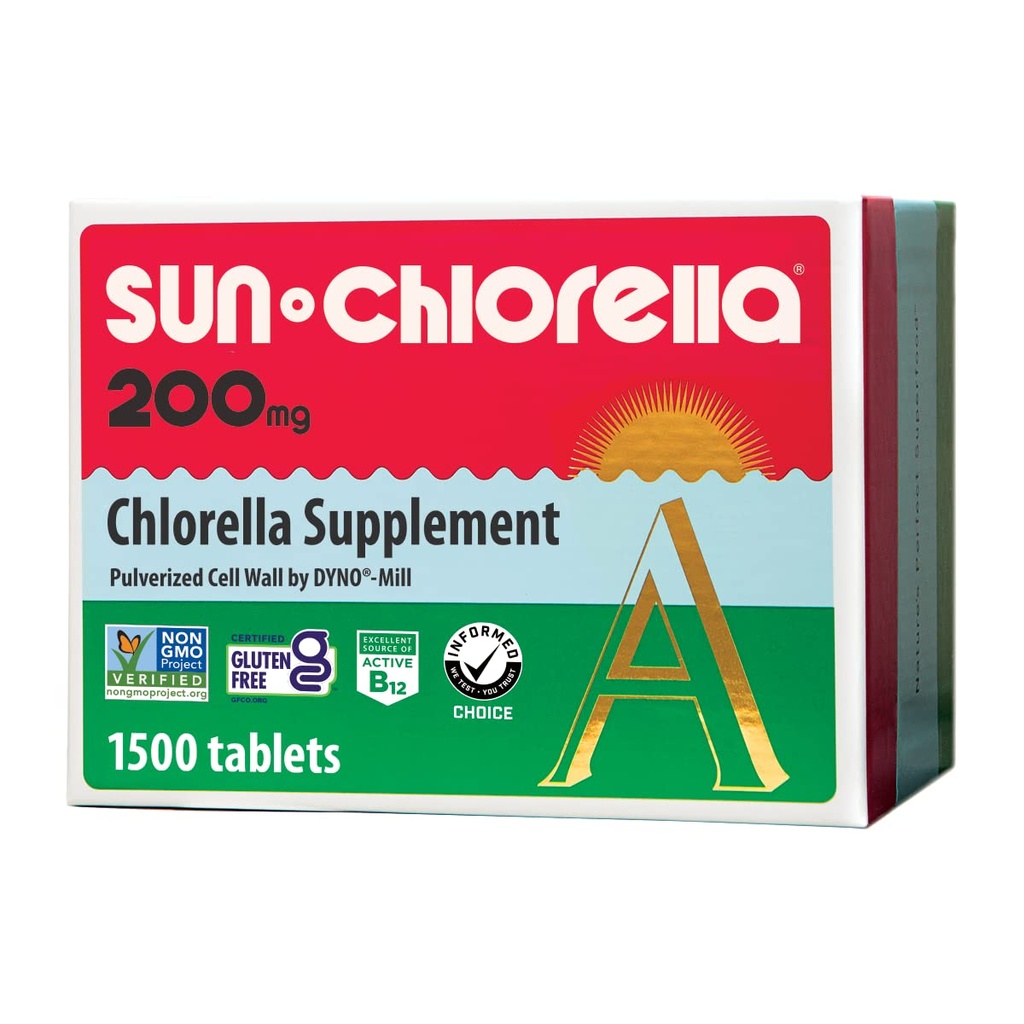 Sun Chlorella 200 mg Green Algae Superfood Supplement - Pulverized Cell Wall - Chlorophyl, CGF, Active B12, Iron, Protein - Non-GMO - 1500 Tabletισκία