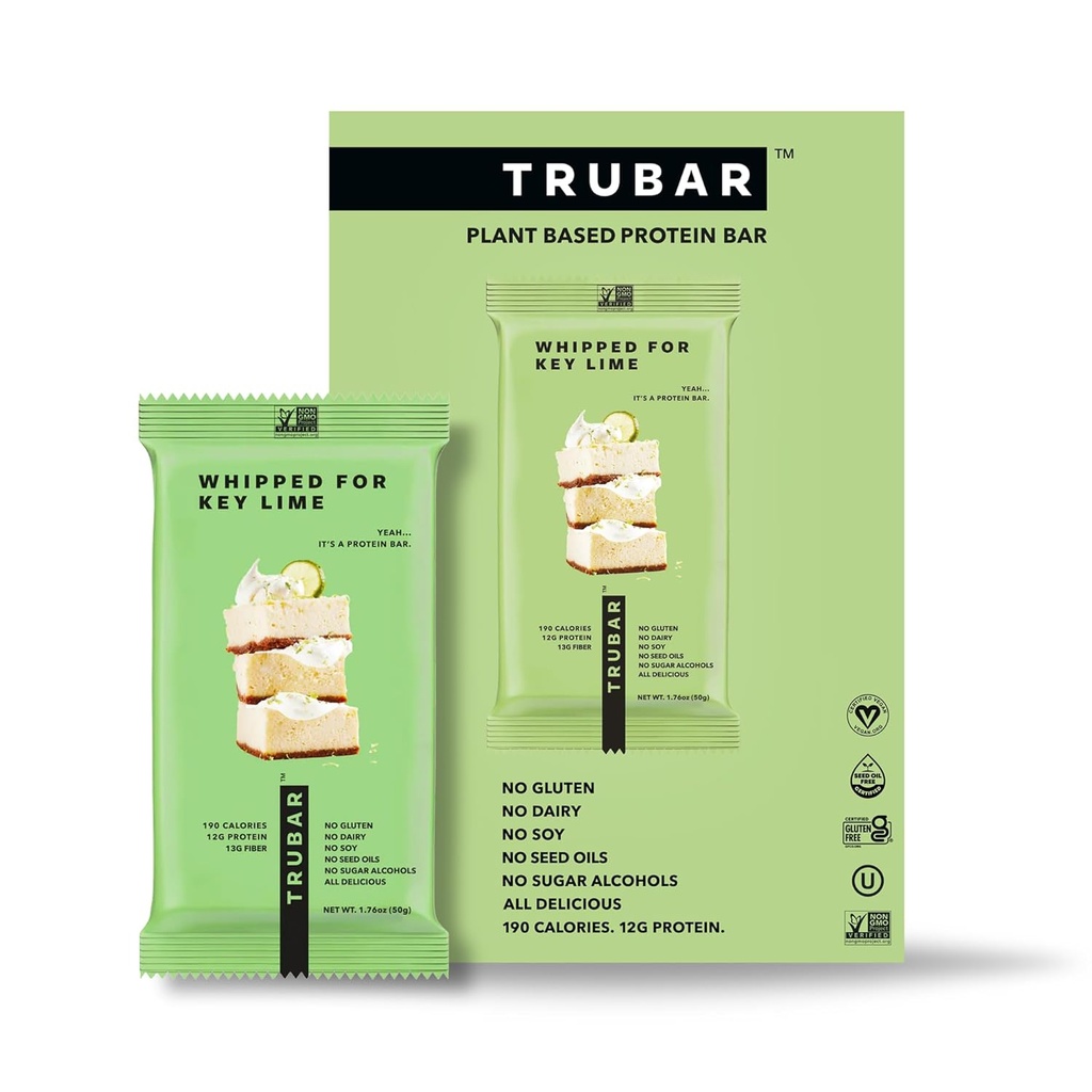 TRUBAR Vegan Protein Bar, Whipped for Key Lime, Gluten Free, Plant Based, High Fiber, Dairy Free, Low Fat, Non GMO, No Sugar Alcohols, 12G Lean Protein, 13G Fiber, Healthy Snack Bars, 12 CT