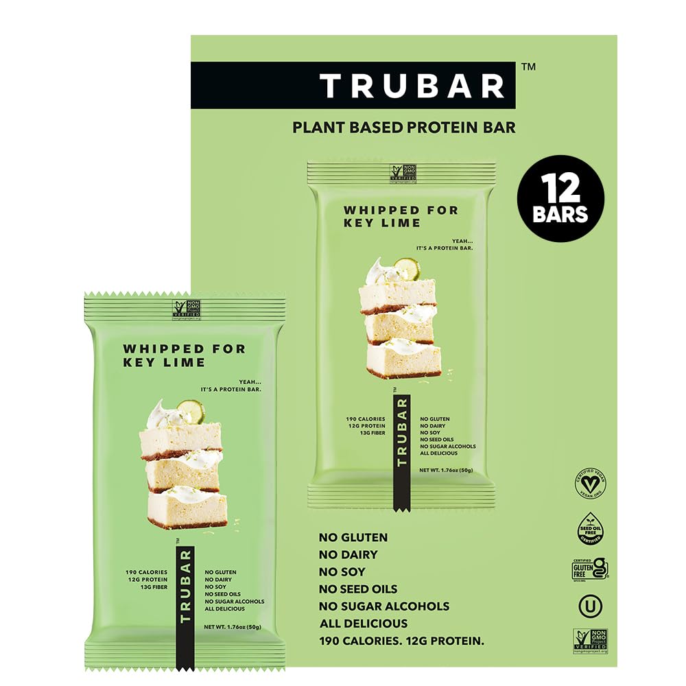 TRUBAR Vegan Protein Bar, Whipped for Key Lime, Gluten Free, Plant Based, High Fiber, Dairy Free, Low Fat, Non GMO, No Sugar Alcoins, 12G Lean Protein, 13G Fiber, Healthy Snack Bars, 12 CT