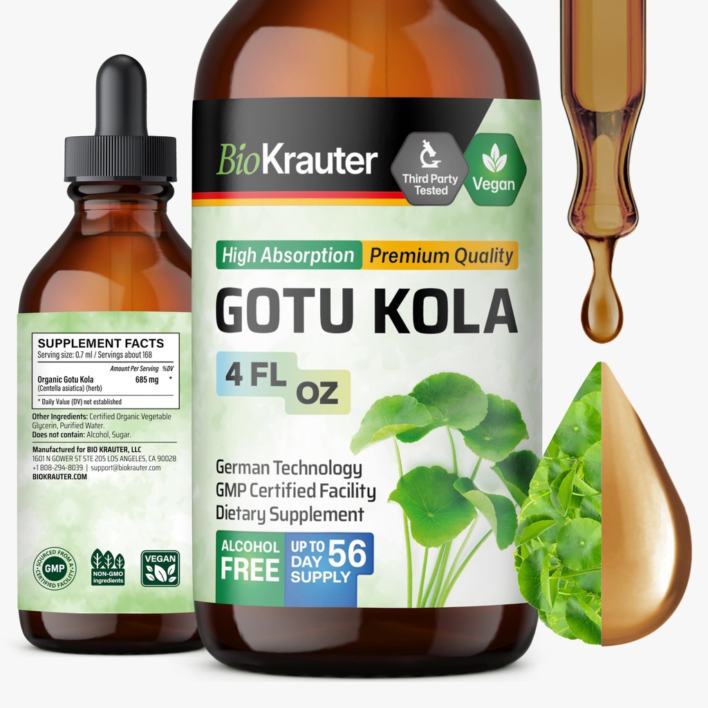 BIO KRAUTER Gotu Kola Tincture - Centella Asiatica Extract - Αλκοόλ και ζάχαρη εκχύλισμα Gotu Kola - Vegan Drops 4 Fl.Oz.