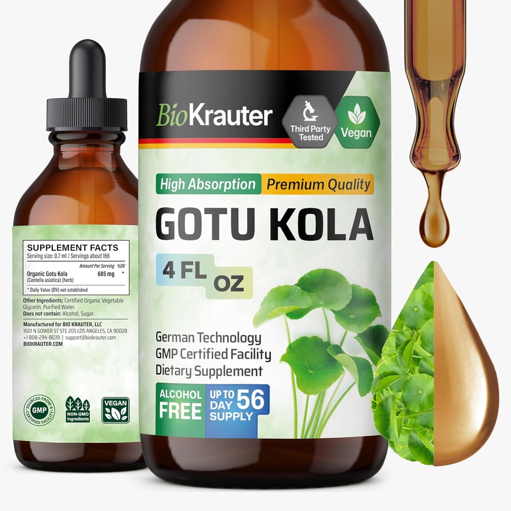 BIO KRAUTER Gotu Kola Tincture - Centella Asiatica Extract - Αλκοόλ και ζάχαρη εκχύλισμα Gotu Kola - Vegan Drops 4 Fl.Oz.