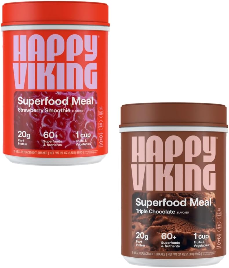 Happy Viking Chocolate and Strawberry Powder, by Venus Williams, 20G Protein, Low Carb, Keto, Vegan, Gluten-Free, Superfoods, Complete Meal Replacement, 2 Canisters (24 oz. Κάθε)