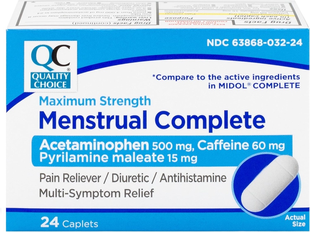 Quality Choice Menstrual Complete Max Strength Period Pain Relief, 500 mg Acetaminophen, 60mg Caffeine, 15mg Pyrilamine Malate, Cramps, Bloating, Πονοκέφαλος.