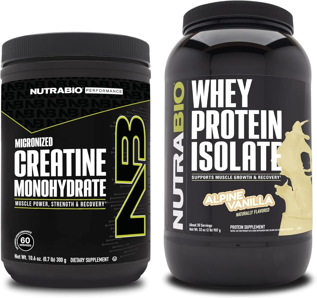 NutraBio Creatine Monohydrate, Unflavored, 300g και Whey Protein Isolate, Alpine Vanilla, συμπλήρωμα Bundle - μυϊκή ενέργεια, Lean μυϊκή ανάπτυξη, ανάκτηση, και δύναμη