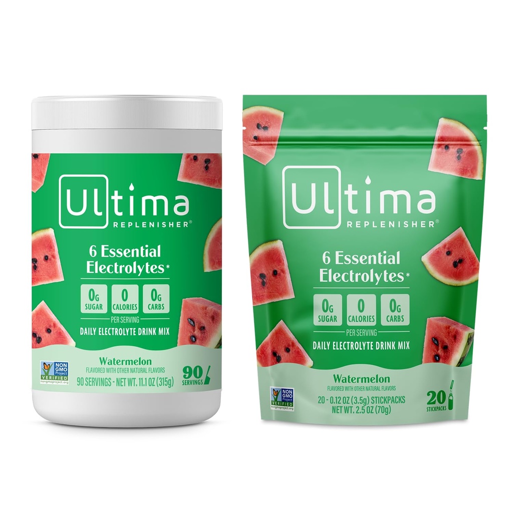 Ultima Replenisher Ηλεκτρολυτικό Ποτό σε σκόνη Mix Bundle – Χωρίς ζάχαρη – Καρπούζι, 90 Σερβιρίσματος Canister και 20 Stickpacks – 6 Ηλεκτρολύτες και Ορυκτά – Κετό Φιλικό, Vegan, Μη ΓΤΟ
