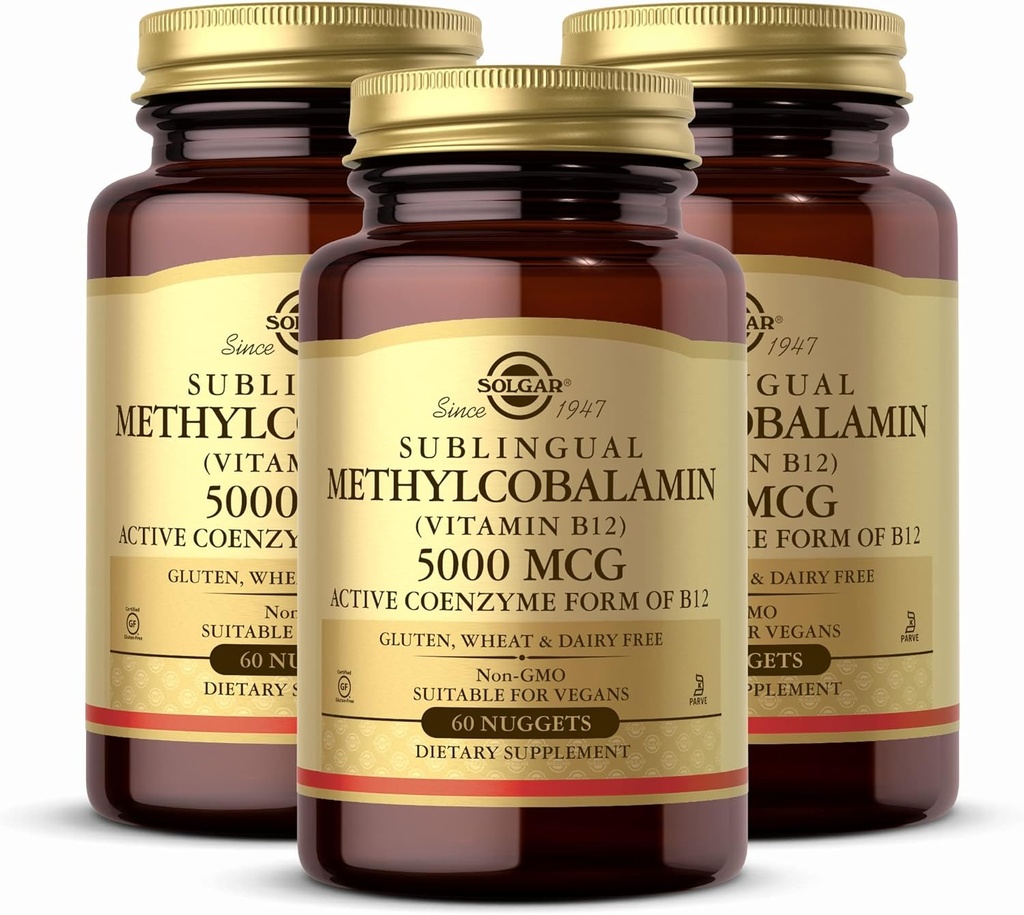 Solgar Methylcobalamin (Vitamin B12) 5000 mcg, 60 Nuggets (Pack of 3) - Cherry Flavor - Supports Energy Metabolism - Body-Ready, Active Form - Non-GMO, Vegan, Gluten Free - 180 Total Servings