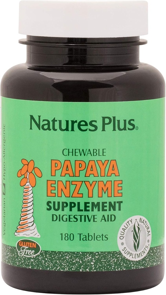 Natures Plus Papaya Enzyme - 6 mg Papain - All Natural Digestive Aid Supplement, Περιέχει αμυλάση και πρωτεάση - 180 Μασώμενα δισκία (180 Servings)