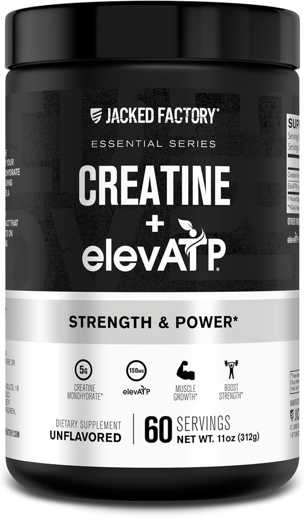 Jacked Factory Creatine + ElevATP - Creatine Monohydrate Powder for Muscle Growth, Inclusive Strength, Enhanced Energy Output, with ElevATP for Continuous Energy & Endurance - 60 Services, Unfoured