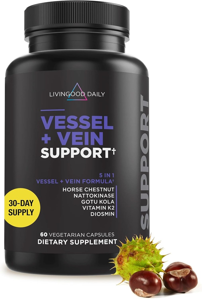 Livingod Daily Vessel & Vein Support, Circulation & Vein Support Supplement with Diosmin, Horse Chestnut, Nattokinase, Gotu Kola & Vitamin K2, Vasular & Vein Health Formula, Gluten Free, 60 κάψουλες