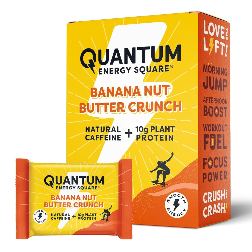 Quantum Energy Square: Energy Bar με καφεΐνη & 10g πρωτεΐνη. Delicious Healthy Snack On The Go. (Βεγκάν, χωρίς γλουτένη, χωρίς σόγια, χωρίς γαλακτοκομικά) - Μπανάνα με καρύδι 8Pk