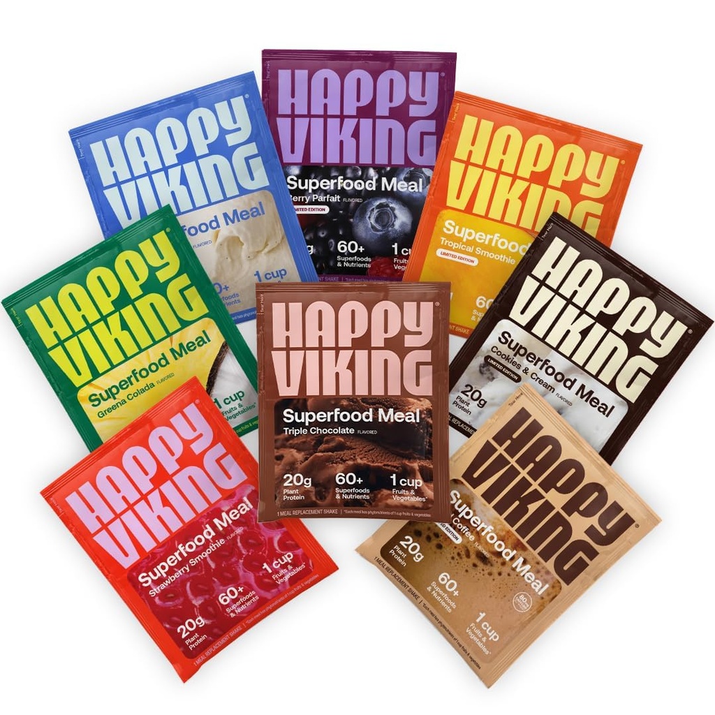 Happy Viking Variety Pack Plant Protein Powder, Δημιουργήθηκε από Venus Williams, 20G Protein, Low Carb, Keto, Vegan, Gluten-free, Μη-GMO, Superfoods, Πλήρης αντικατάσταση γεύματος, 8 Ενιαία πακέτα σερβιρίσματος