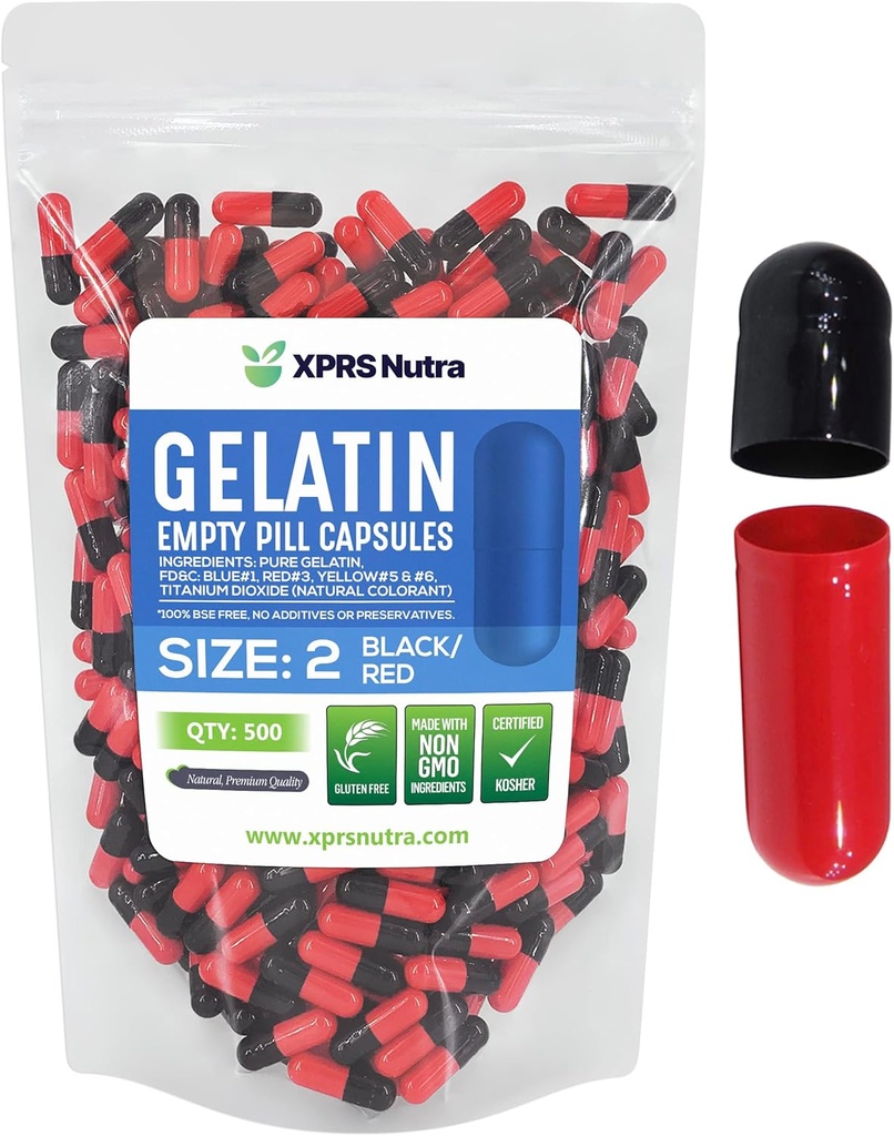 XPRS Nutra Μέγεθος 2 Κενές κάψουλες - 500 Count Empty Gelatin Κάψουλες - Χάπια DIY Καψάκιο πλήρωσης - Pure Bovine Pill Gel Caps για Do-It-Yourself Συμπληρώματα (Μαύρο/κόκκινο)