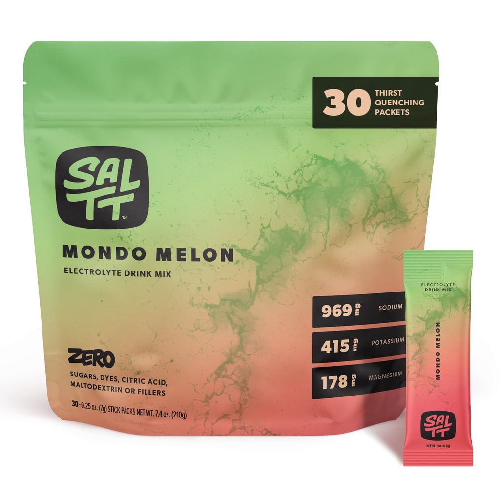 SALTT Electrolytes Powder Packets (Mondo Melon - Watermelon Flavor) 30 Stick Packs - Easy Dissolve, No Clumping - Essential Minerals - Hydration Packets - Zero Sugar - Gluten Free, Vegan & Kosher