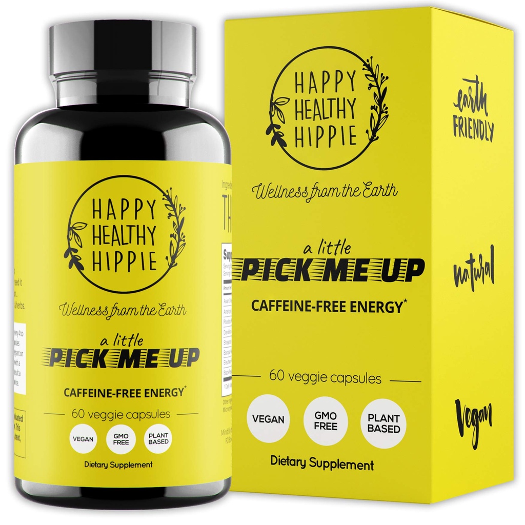 Happy Healthy Hippie Caffeine Free Energy Pills - Rhodiola Rosea, Bacopa + Dandelion Root - Energy + Mental Clarity + Motivation + Mood Support - 7 Herb Adaptogen Herb Complex - Vegan, Non-GMO, 60 Ct
