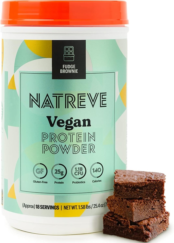 Natreve Vegan Protein Powder - 25g Πρωτεϊνική Σκόνη με Προβιοτικά και Αμινοξέα - Χωρίς γλουτένη Brownie, 18 Μερίδες