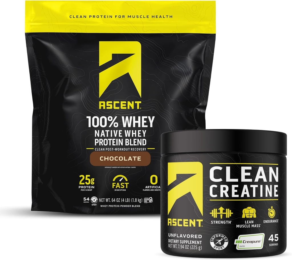 Ascent 100% Whey Protein Powder, Chocolate 4 lb & Creatine Monohydrate Powder, Unflavored 45 Servings