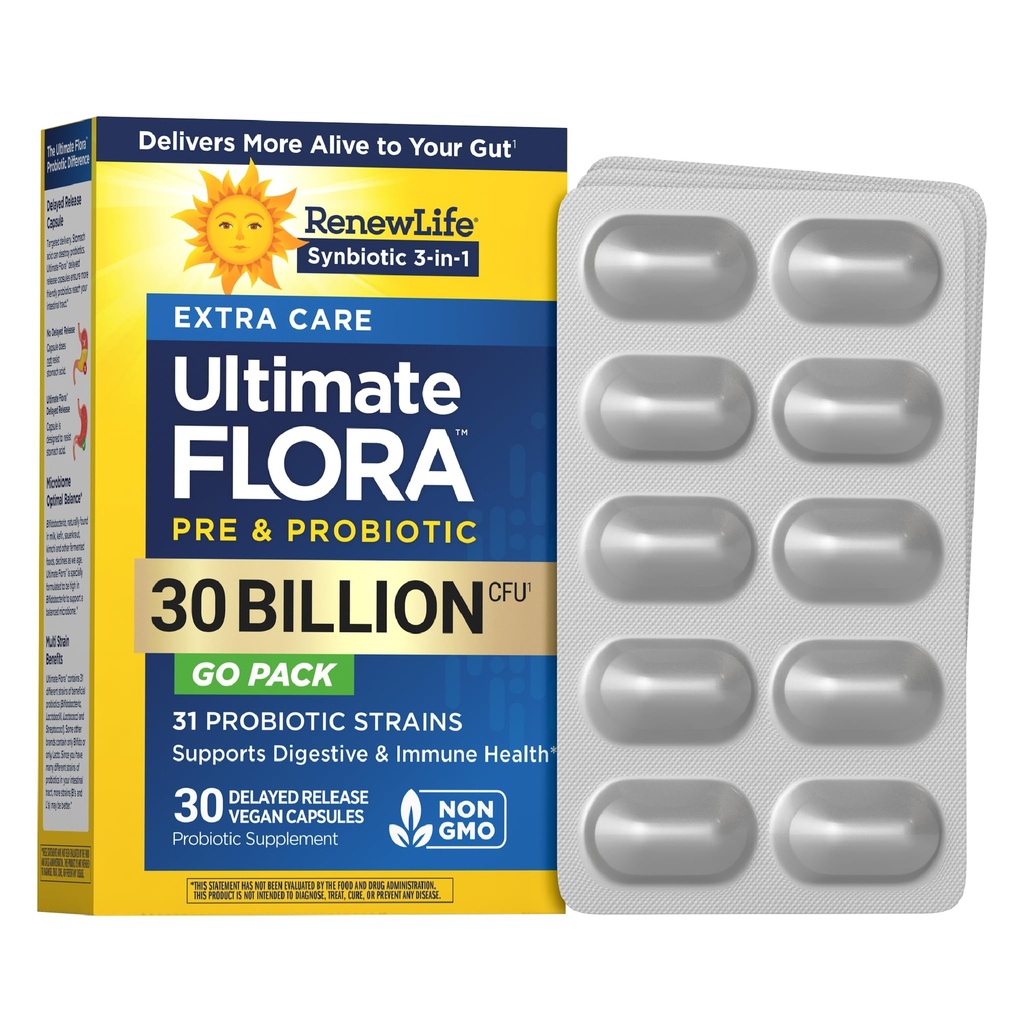 Renew Life Extra Care Go-Pack Probiotic Κάψουλες, Καθημερινή Συμπληρώματα Υποστηρίζει Ανοσοποιητική, Πεθητική και Αναπνευστική Υγεία, L. Rhamnosus GG, Γαλακτοκομικά, Σόγια και Χωρίς Γλουτένη, 30 Δισεκατομμύρια CFU, 30 Ct