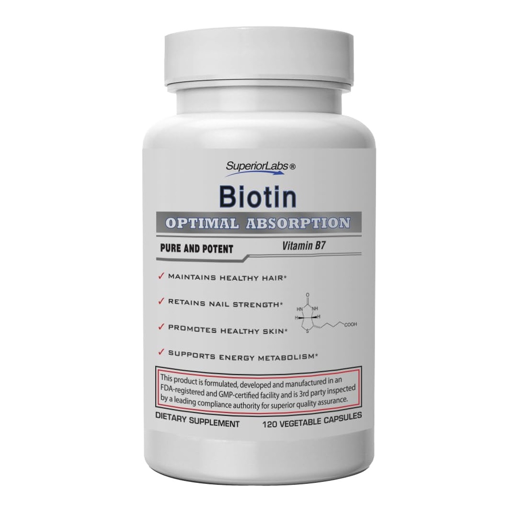 Superior Labs – Best Natural Biotin NonGMO Supplement – για Luscius Longer Hair and Lashes – Ισχυρότερα νύχια – Υγιεινό δέρμα – Ενεργειακός ενισχυτής – Υγιεινό βάρος - 5000 mcg, 120 φυτικά καπάκια