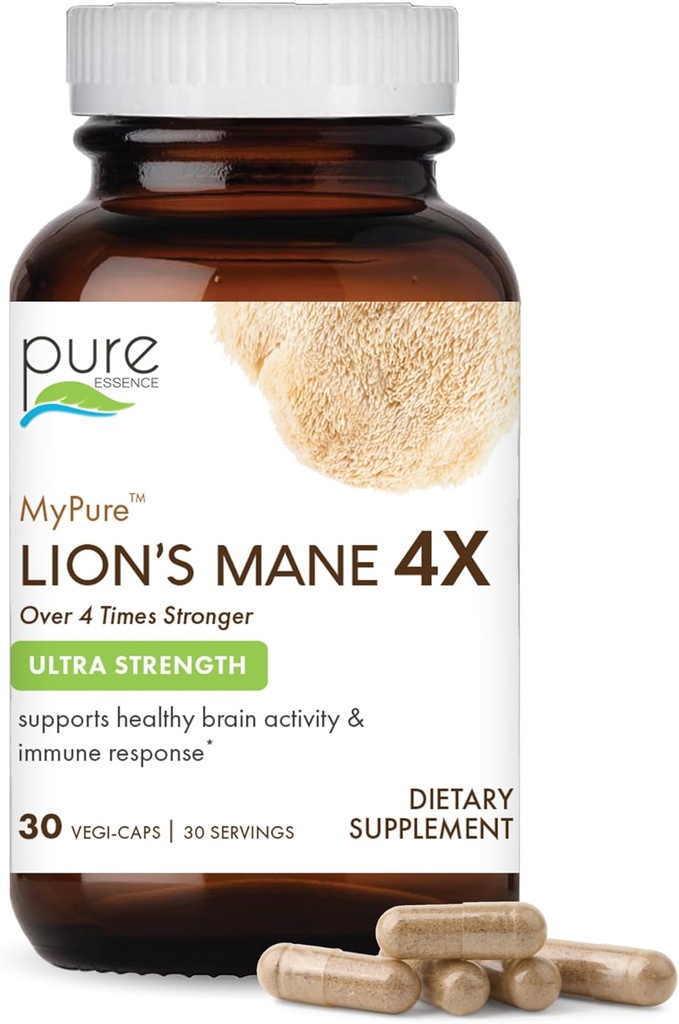 PURE ESSENCE LABS MyPure Lion's Mane 4X - Ultra Strength Brain Support Supplement with 6:1 Hot Water Extract & 10:1 Extract for Cognitive Health, Focus, Memory & Mental Clarity, 30 Capsules