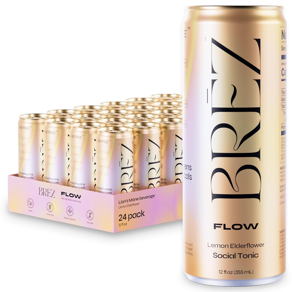 BREZ FLOW Lion’s Mane Mushroom Drink, 24-Pack, μη εγχυμένα, Adaptogens, Relieving, Uplifting, and Social, Sparkling Lemon Elderflower Tonic 12 FL oz
