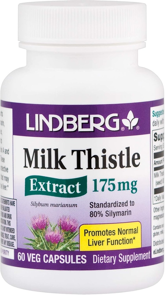 Lindberg Milk Thistle Extract 175 Mg, 60 Vegetarian Capsules- Standardized to 80% Silymarin
