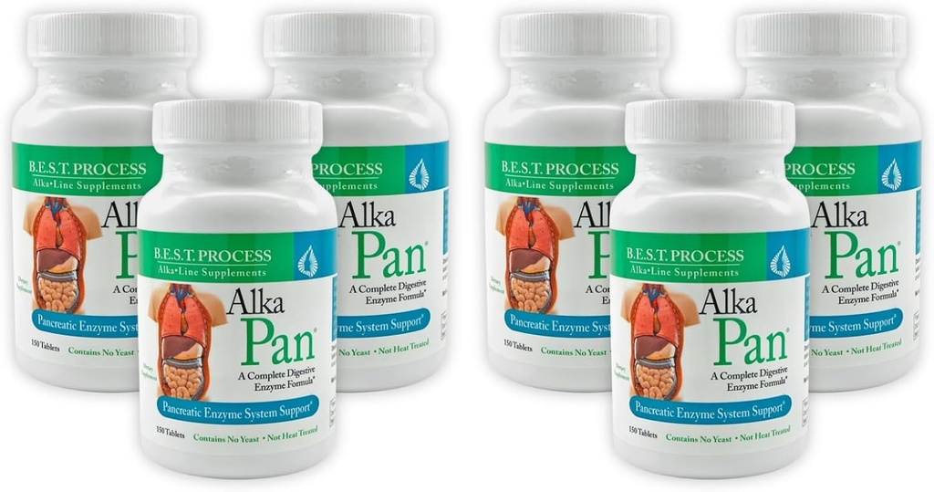 Alka-Pan (6 Pack) Καλύτερη Αλκαλίνη διαδικασία — Φυσικό συμπλήρωμα πέψης — Παγκρεατικά ένζυμα με Αντιοξειδωτικά-Rich Superfoods & Digestive Βότανα