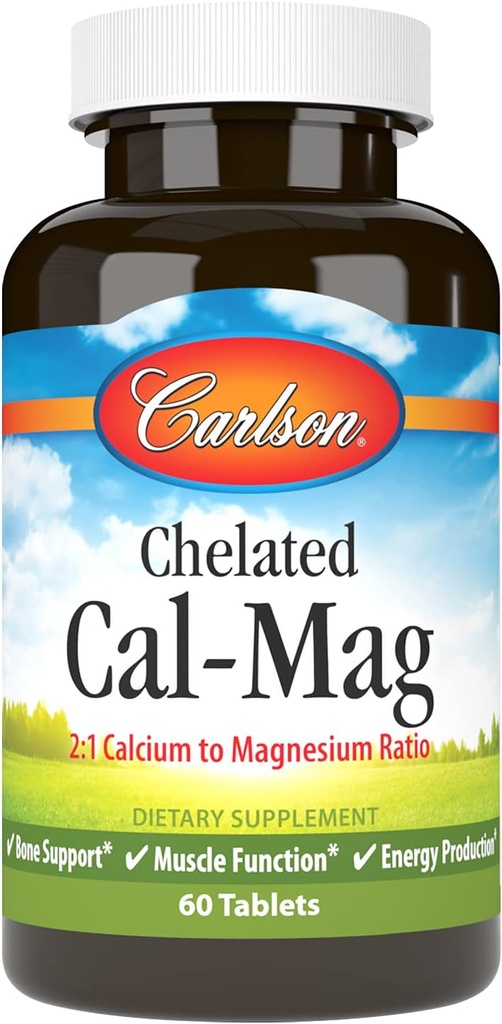 Carlson - Chelated Cal-Mag, 2:1 αναλογία ασβεστίου προς μαγνήσιο, υποστήριξη οστών, μυϊκή λειτουργία & παραγωγή ενέργειας, 60 δισκία