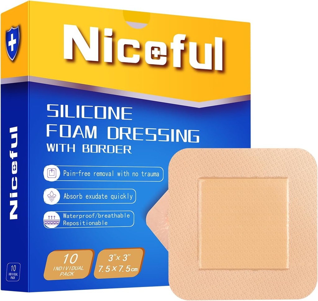 Σιλικόνη Αφρός Dressing 3x3 in (7.5x7.5cm), Υψηλή Απορροφητικότητα Bed Sore Bandages Wound Care Dressing, Αδιάβροχη Σιλικόνη Banges for Sensitive Skin Wound Care (10 Pcs)