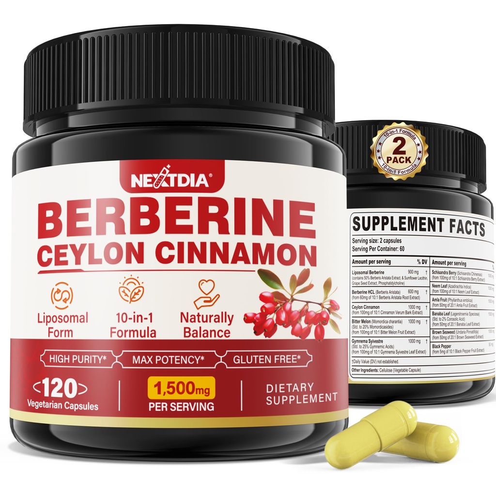 2 Pack 1500mg Liposomal Berberine HCL με Κεϋλάνη Κανέλα Πικάντικη πεπόνι, Βιολογικές Βερβερίνες Συμπλέγματα Συμπληρώματα με Μπανάνα Φύλλο, Υποστηρίζει Ανοσοποιητικό & Πέψη - Vegan 240 Κάψουλες