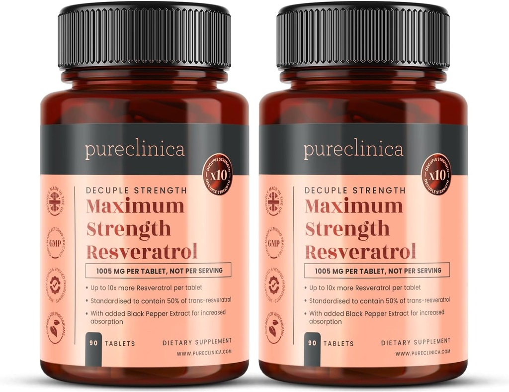 Pureclinica 1000mg Resveratrol x 180 Δισκία (2 Φιάλες 90 Δισκία Κάθε - 6 Μήνες Προμήθεια). 10 x Δύναμη και με Black Pepper Extract για ταχύτερη απορρόφηση