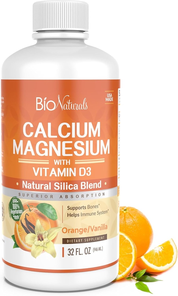 Bio Naturals Calcium & Magnesium Liquid Supplement with Vitamin D3 - Natural Formula, FOUR Types of Calcium Supports Strong Bones with Superior Avorvation to Pills - 100% Vegetarian - 32 fl oz