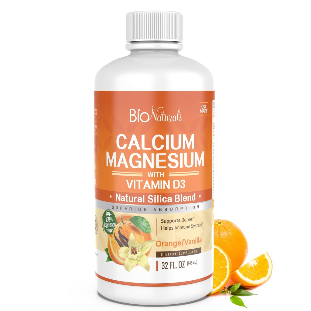 Bio Naturals Calcium & Magnesium Liquid Supplement with Vitamin D3 - Natural Formula, FOUR Types of Calcium Supports Strong Bones with Superior Avorvation to Pills - 100% Vegetarian - 32 fl oz