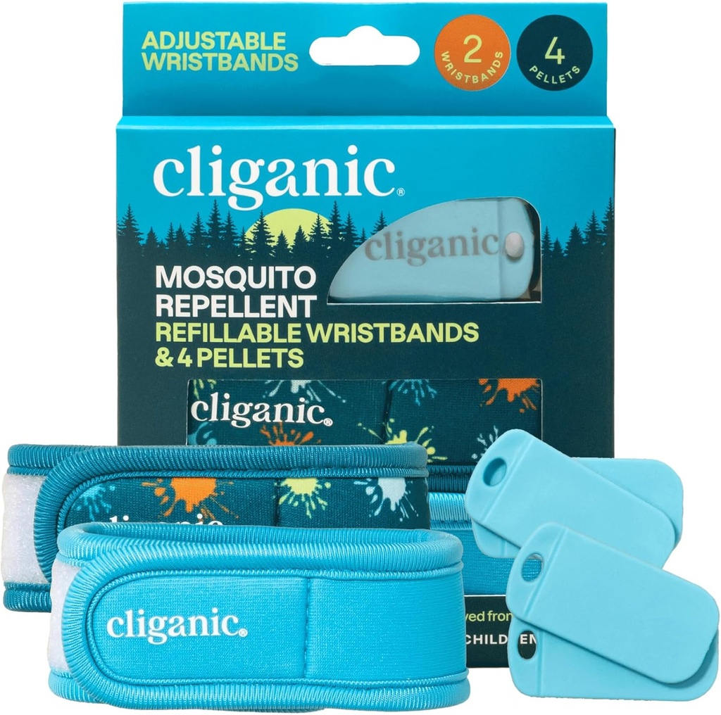 Cliganic Mosquito Repellent Pack (2 Wristbands + 4 Refill Pellets) - Ρυθμιζόμενο, Φυσικό DEET-Free, Αιθέριο Έλαιο Εμπλουτισμένο