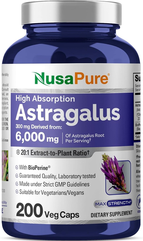 NusaPure Astragalus 20:1 Extract, 300 mg ισοδύναμο με 6.000 mg ανά υπηρεσία, 200 κάψουλες λαχανικών, μη ΓΤΟ & βιοπερίνη