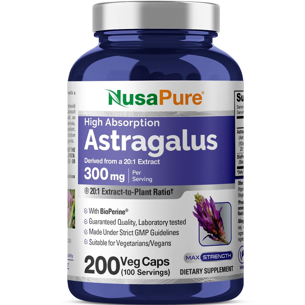 NusaPure Astragalus Capsules, 300 mg, 200 Veg Capsules (Non-GMO, Vegan)