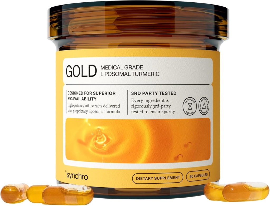 Synchro Gold Medical-Grade Liposomal Turmeric | 60ct Capsules | Whole-Plant Extract, Nano-Encapsulation Delivery | Curcumin Black Pepper Piperine Supplement