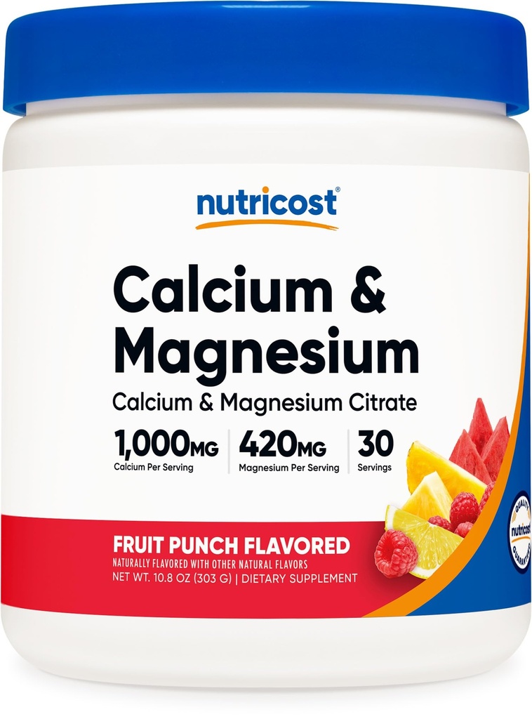 Nutricost σκόνη μαγνησίου ασβεστίου (Fruit Punch, 30 σέρβις) - Υποστήριξη οστών, μη ΓΤΟ, Χωρίς γλουτένη (από κιτρικό ασβέστιο και κιτρικό μαγνήσιο)