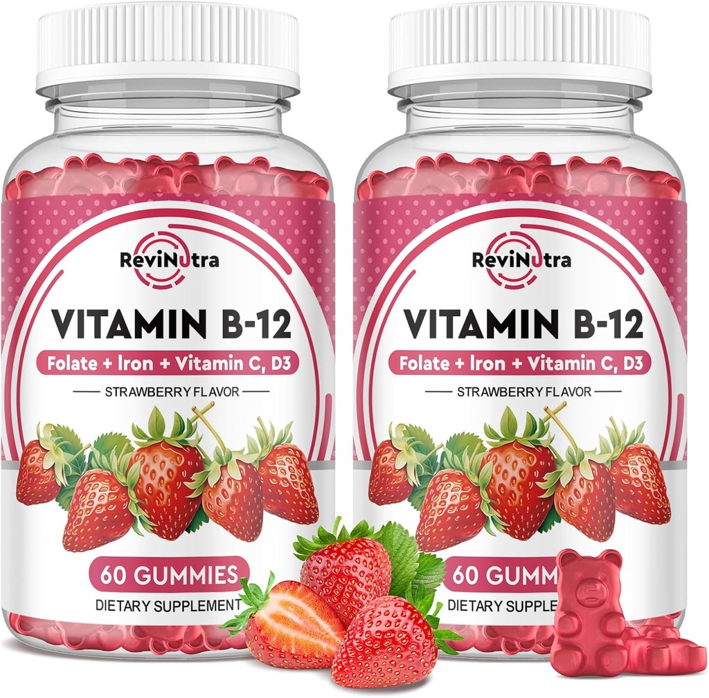 Βιταμίνη B12 Σύμπλεγμα Gummies - 5000 mcg Μεθυλοκοβαλαμίνη με σίδηρο, βιταμίνη C, D3 & Folate, Ενεργειακή Υποστήριξη & Μεταβολισμός, Ανοσοποιητικό, B-12 Μασώμενα συμπλήρωμα για άνδρες & γυναίκες, γεύση φράουλα, 2 συσκευασία