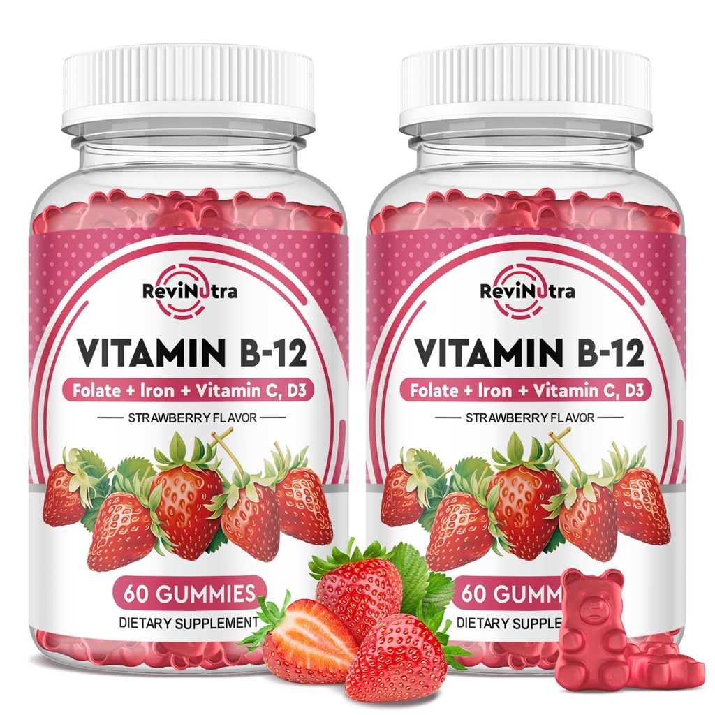Βιταμίνη B12 Σύμπλεγμα Gummies - 5000 mcg Μεθυλοκοβαλαμίνη με σίδηρο, βιταμίνη C, D3 & Folate, Ενεργειακή Υποστήριξη & Μεταβολισμός, Ανοσοποιητικό, B-12 Μασώμενα συμπλήρωμα για άνδρες & γυναίκες, γεύση φράουλα, 2 συσκευασία