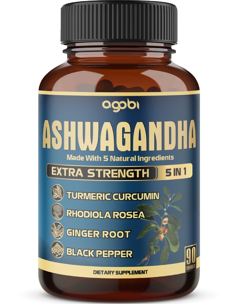 Ashwagandha Extract Capsule - Μεγάλη Δύναμη - 5in1 Αναμιγνύεται Ginger, Turmeric, Rhodiola Rosea & Black Pepper - 90 Κάψουλες για 3 μήνες - Δύναμη, Πνεύμα & Ανοσοποιητική Υποστήριξη