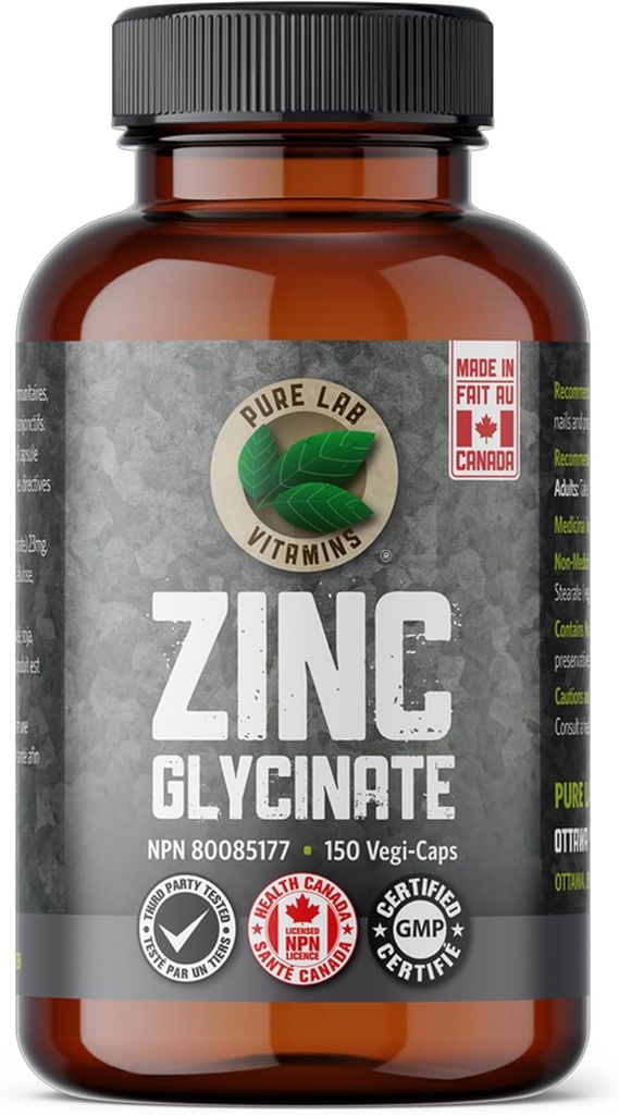 Zinc Glycinate 23 mg Συμπλήρωμα - 150 Vegan Caps by Pure Lab Vitamins - Αμινο οξύ αλάτι για υγιές δέρμα & νύχια - Υποστηρίζει το ανοσοποιητικό σύστημα, προστάτης, όραμα - Κατασκευασμένο στον Καναδά