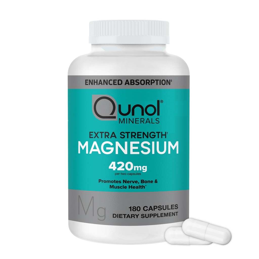 Κάψουλες μαγνησίου Qunol 420mg, 100% DV, συμπλήρωμα μαγνησίου υψηλής απορρόφησης, επιπλέον δύναμη, συμπλήρωμα υγείας οστών και μυών, 180 Count