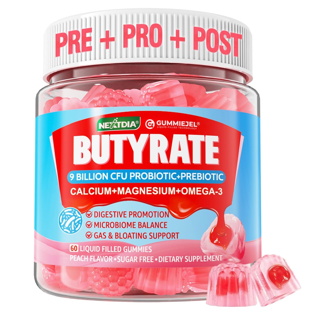 Butyrate Gummies με Probiotic + Prebiotic + Postbiotic, Omega-3 500mg,Fiber με 9 δισεκατομμύρια CFU Probiotics, Ασβέστιο & Μαγνήσιο, Inulin, Psyllium Husk για Digestive Health,Bloating Support,Sugar Free