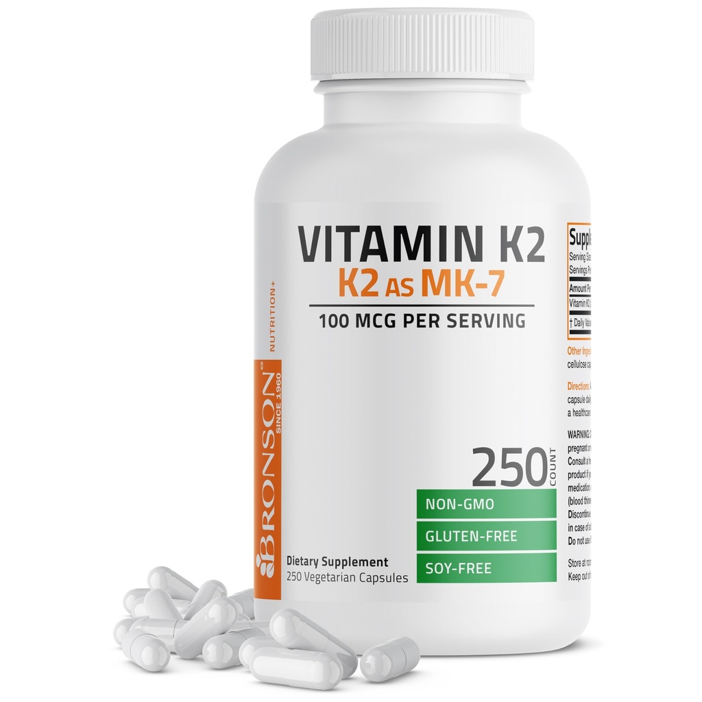 Bronson Βιταμίνη K2 ως MK-7 Μενακινόνη 100 mcg Μη ΓΤΟ, 250 κάψουλες