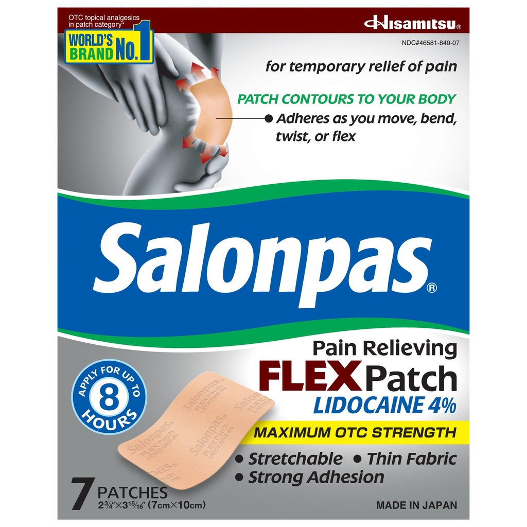 Salonpas Μέγιστη εξωχρηματιστηριακή δύναμη Λιδοκαΐνη 4% Πόνος ανακούφιση FLEX Patch, Εφαρμόστε μέχρι 8 ώρες, Αρωματισμένο, Λιγνό, Ευέλικτο, Ελαφρύ, Patch Stays in Place, 7 Patches